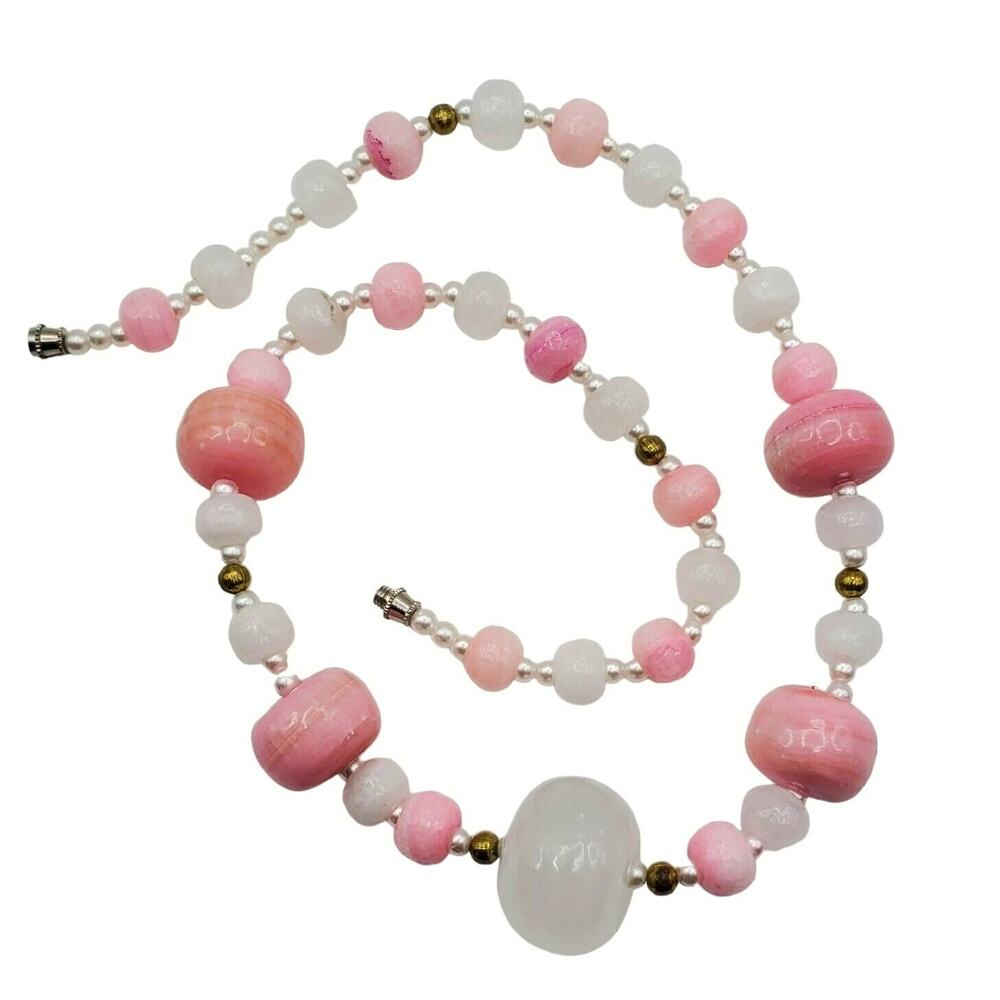 Pink & White Banded Quartz Necklace Chunky Crystal Stone Beaded Choker 20" Vtg